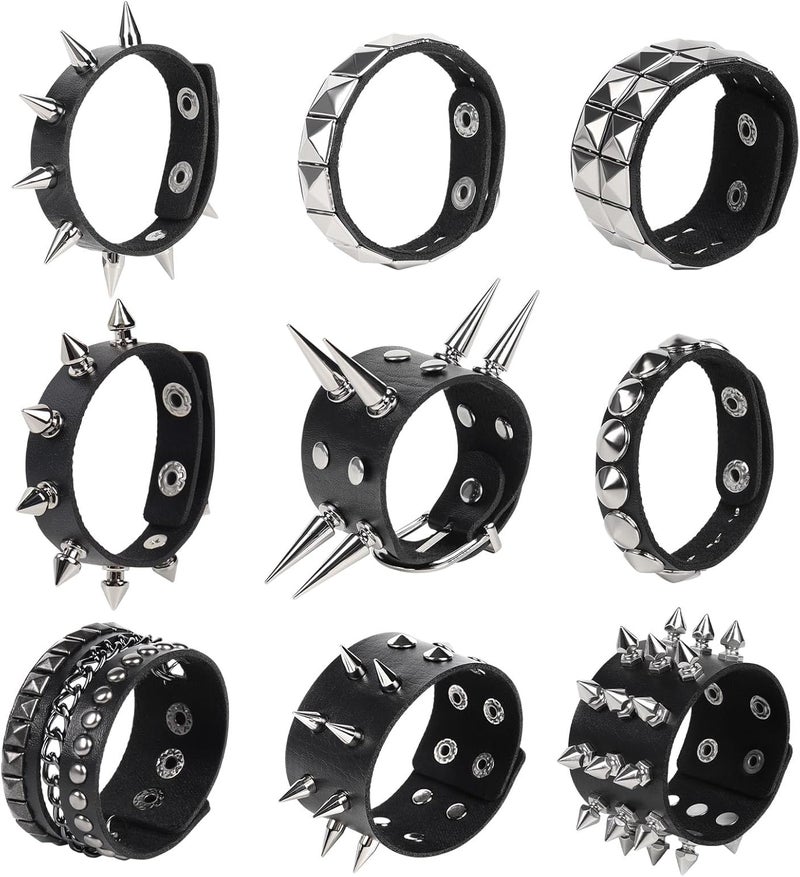 JOLYEAK Punk Leather Rivets Bracelets Punk Rock Leather Studded Bracelets 80s Wristband Emo Gothic Spike Cuff Bracelet Set for Men Women Rocker Outfits Skull Bracelet - Image 1